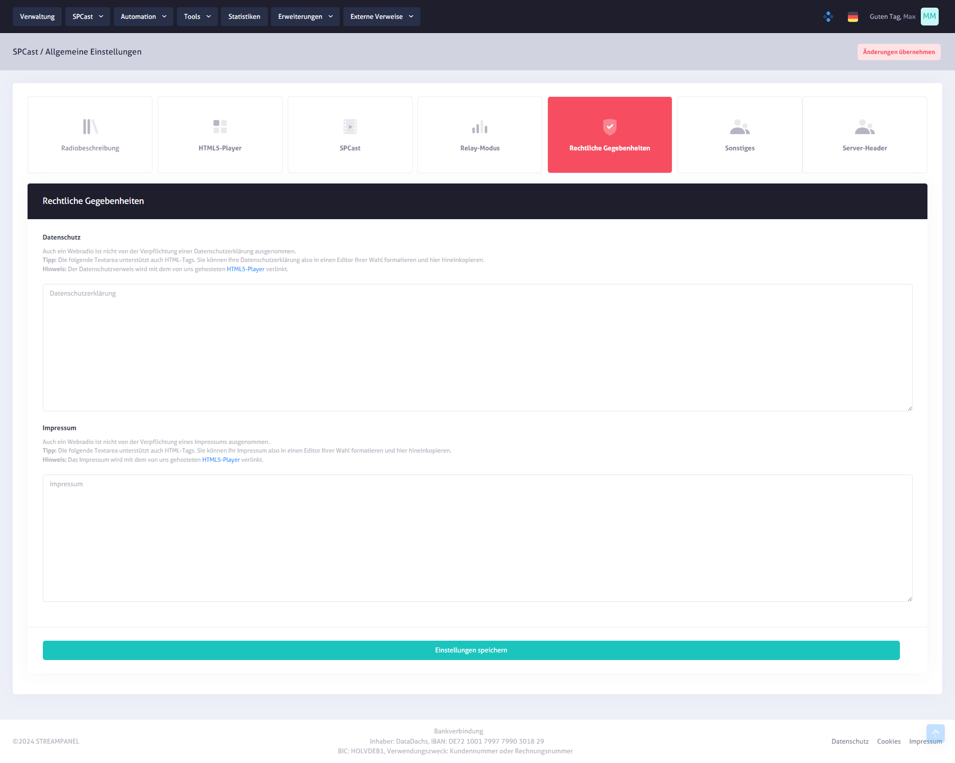 SPCast Settings: Legal Notice & Privacy