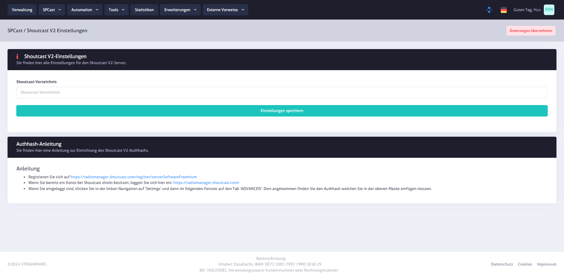 SPCast Settings: Shoutcast V2